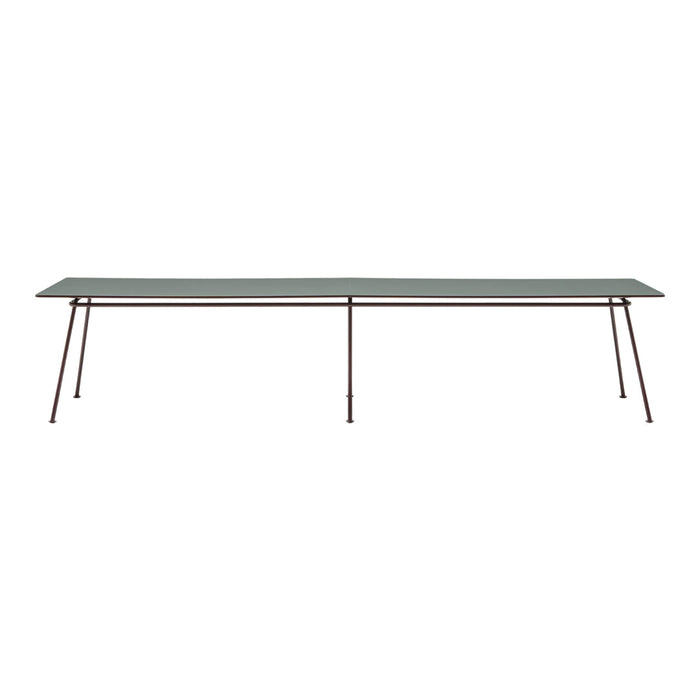 Long rectangular glass table with a sleek, clear top and minimalist dark brown legs. Modern design with a clean aesthetic.