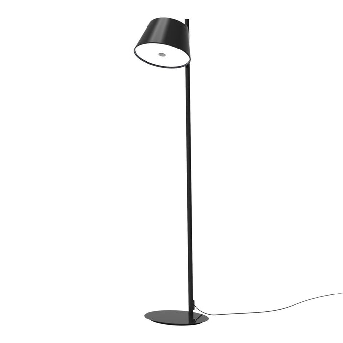 Black floor lamp with a sleek cylindrical shade and minimalistic design, featuring a clean, modern look.