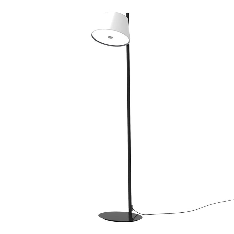 Modern black floor lamp with a sleek white shade, featuring a minimalist design and smooth curves.
