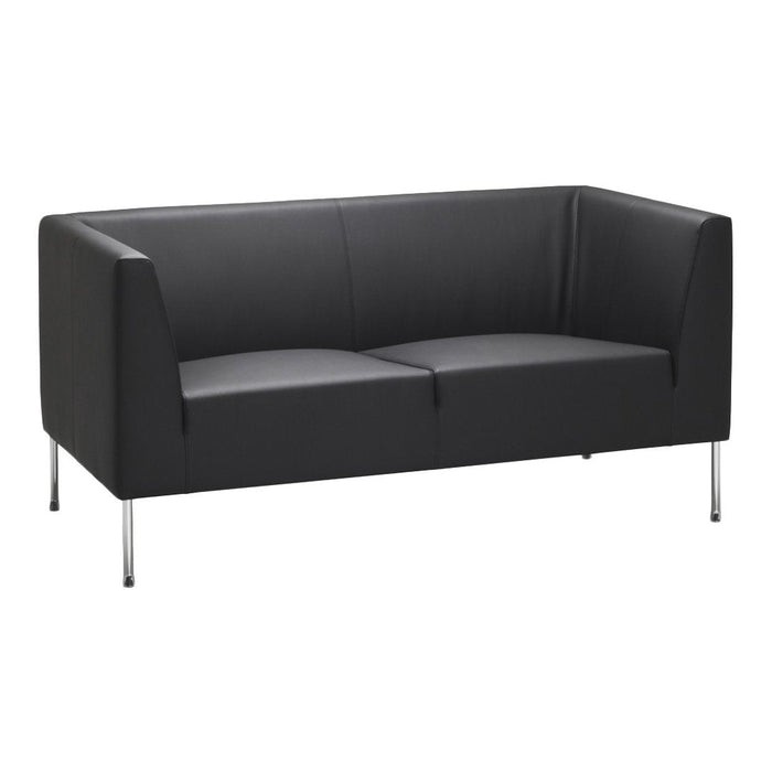 Black leather two-seater sofa with a minimalist design and sleek chrome legs, perfect for modern decor.