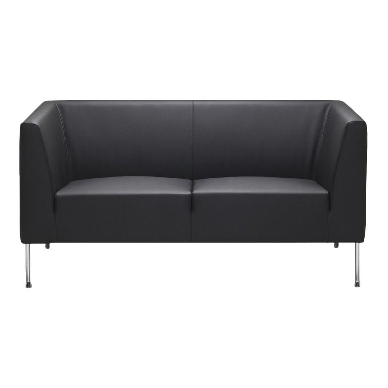 Sleek black leather sofa with minimalist design and chrome legs, perfect for modern decor.