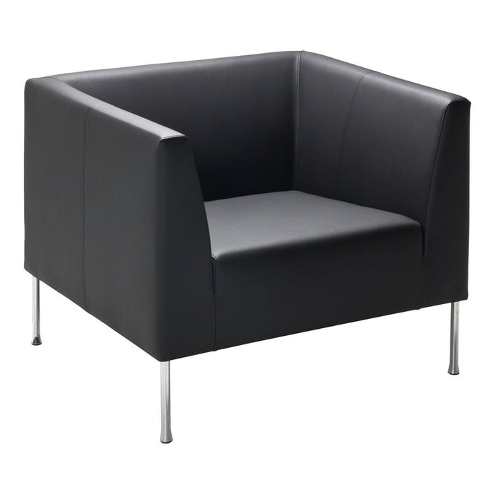 Sleek black leather armchair with minimalist design and polished metal legs, perfect for modern decor.