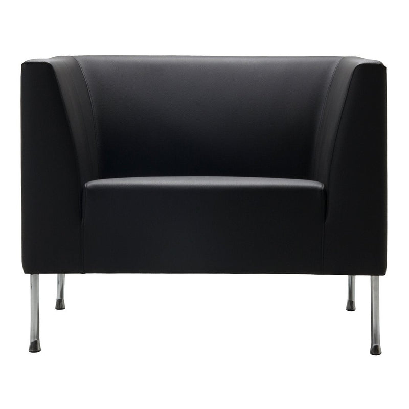 Stylish black armchair with smooth faux leather upholstery and sleek chrome legs, perfect for modern decor.