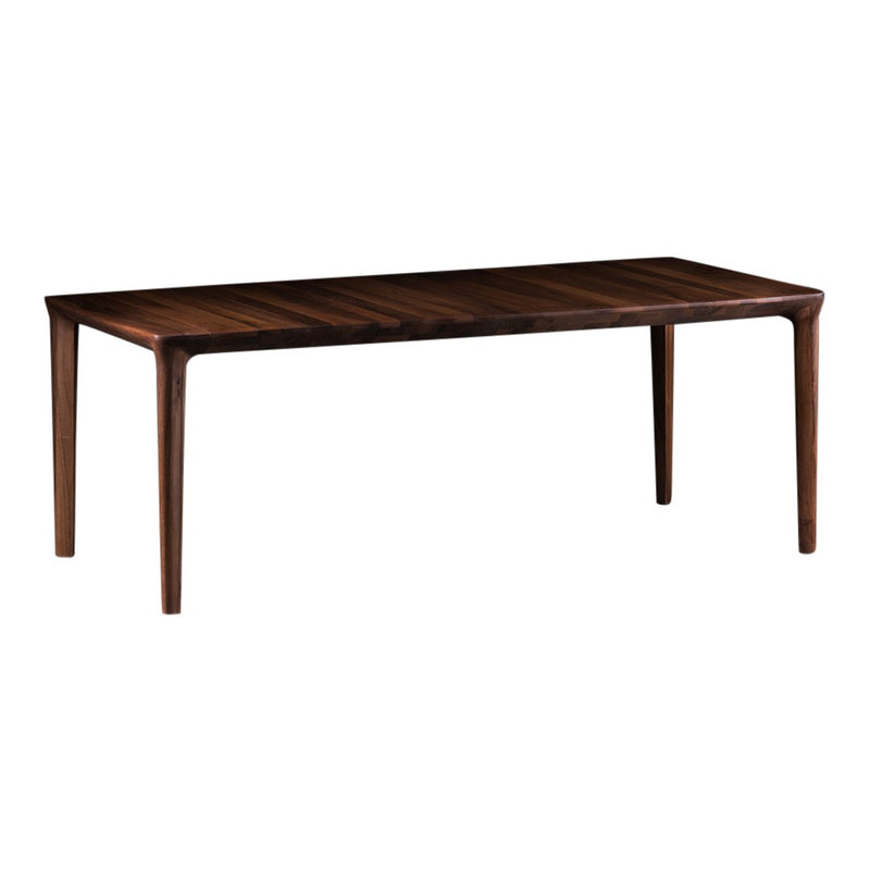 Solid walnut dining table with rich brown tones and a sleek, minimalist design. Smooth finish highlights natural grain patterns.