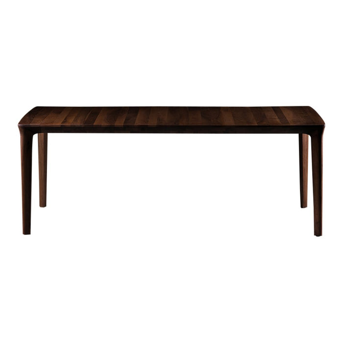 Dark wood dining table with sleek, minimalist design and rich, natural grain patterns. Classic and modern style.