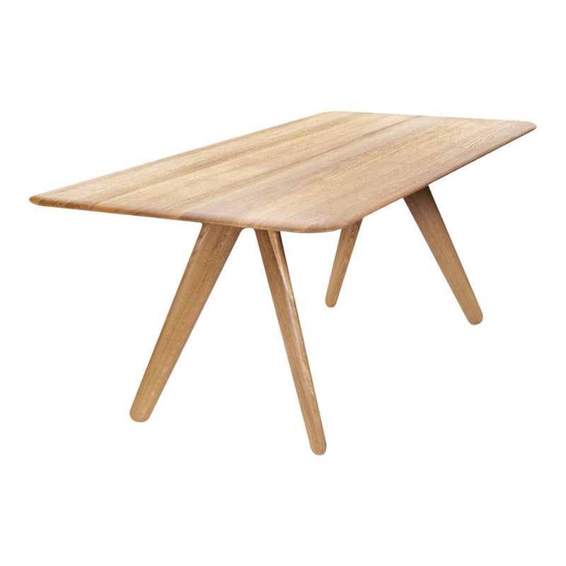 Natural wood dining table with a light oak finish and a sleek, minimalistic design featuring tapered legs.