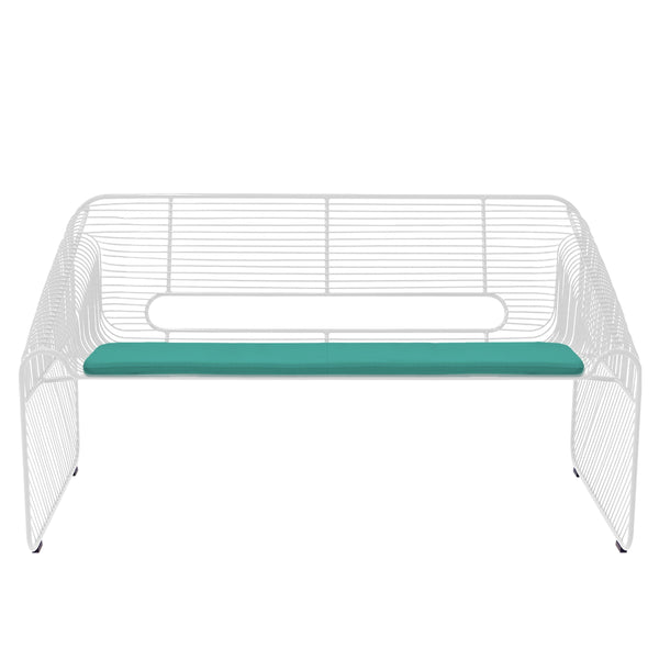 White metal wire bench with a solid teal cushion, featuring a modern and minimalistic design.