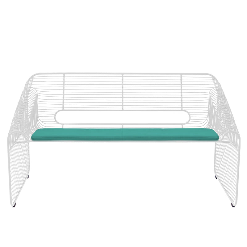 White metal wire bench with a solid teal cushion, featuring a modern and minimalistic design.