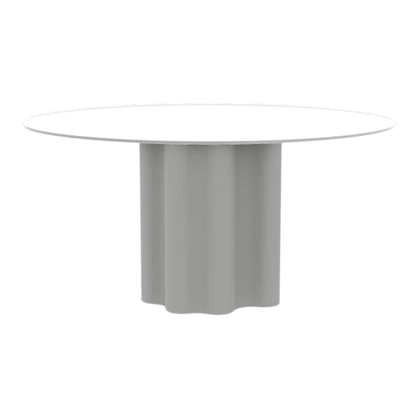 Round table with a glossy white top and a textured gray base, featuring a unique scalloped design.