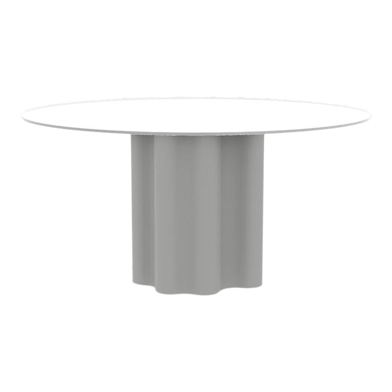 Round table with a glossy white top and a textured gray base, featuring a unique scalloped design.
