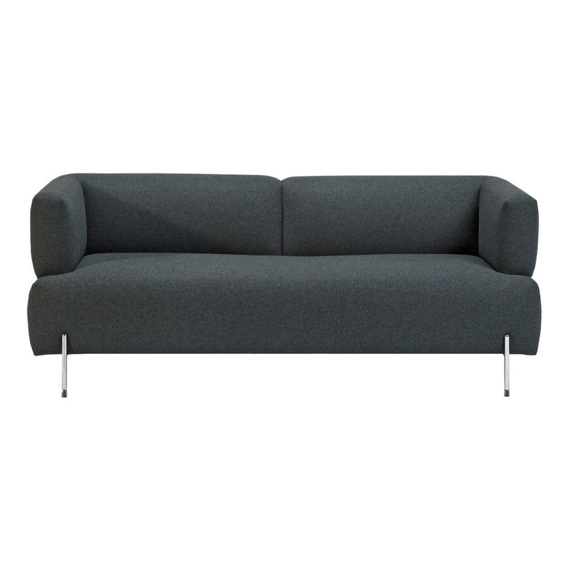 Dark gray fabric sofa with a minimalist design and sleek silver legs, perfect for modern interiors.