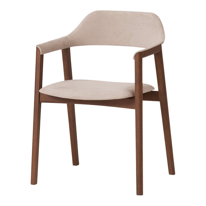 Beige upholstered chair with a smooth finish and warm wood legs, featuring a minimalist design for modern spaces.