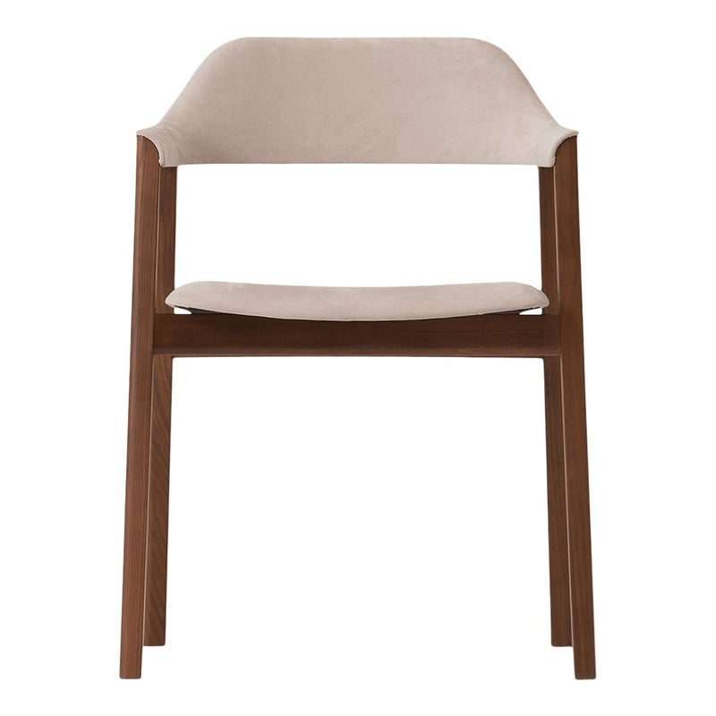 Light beige upholstered chair with a smooth, minimalist design and dark wood frame. Elegant and modern aesthetic.