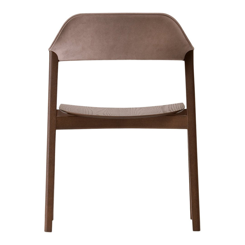 Brown upholstered chair with a sleek design and subtle texture, featuring a smooth, curved backrest and woven seat.