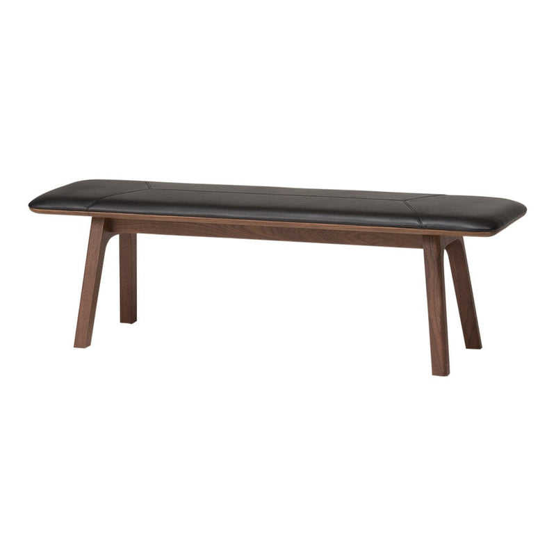 Black leather bench with a sleek, simple design and warm walnut wood legs, perfect for modern decor.