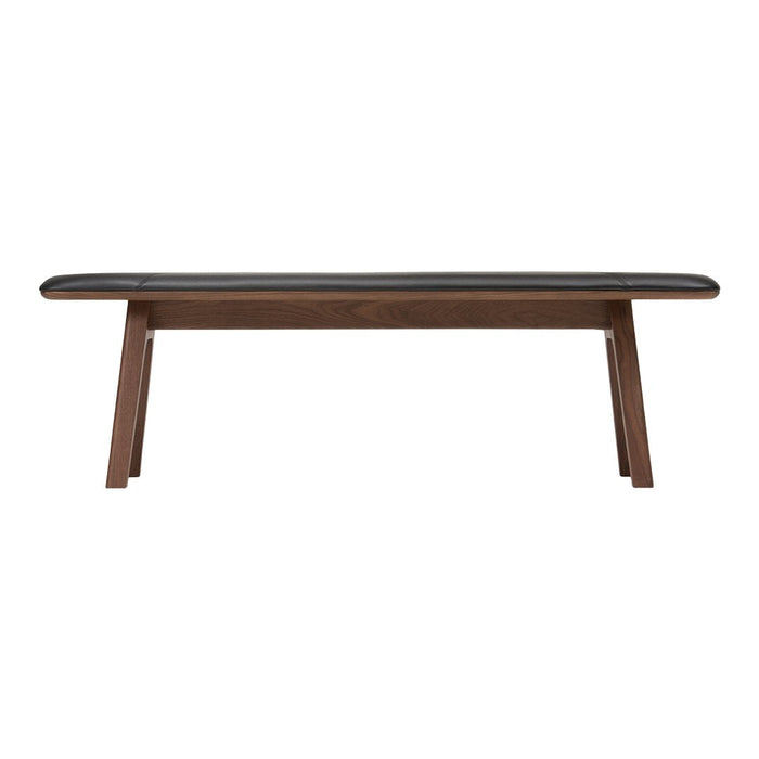 Dark wood bench with a sleek black padded top, featuring clean lines and a modern design. Perfect for contemporary spaces.