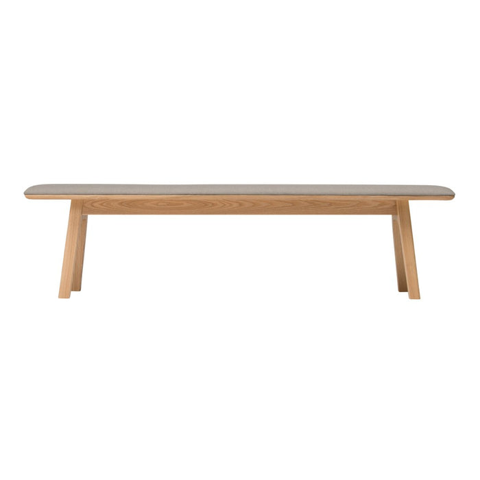 Light grey upholstered bench with natural wood legs, featuring a sleek, minimalist design.
