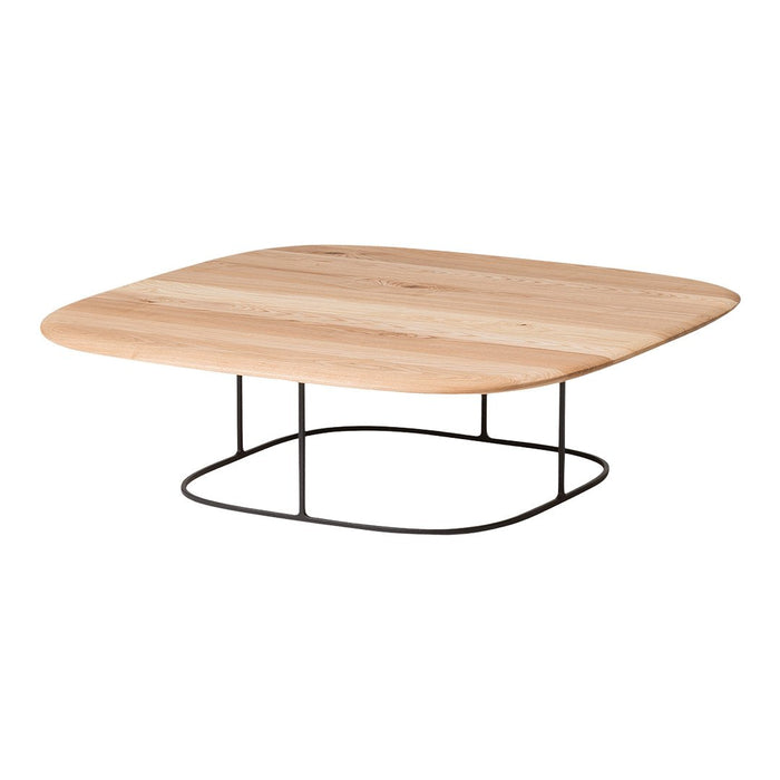 Natural wood coffee table with a light wood finish and a sleek black metal base, featuring a smooth, minimalist design.