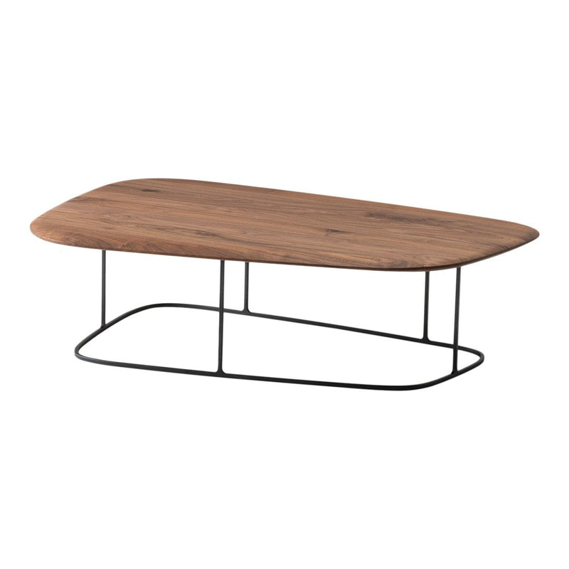Natural wood coffee table with a smooth, warm finish and a sleek black metal frame. Modern, minimalistic design.