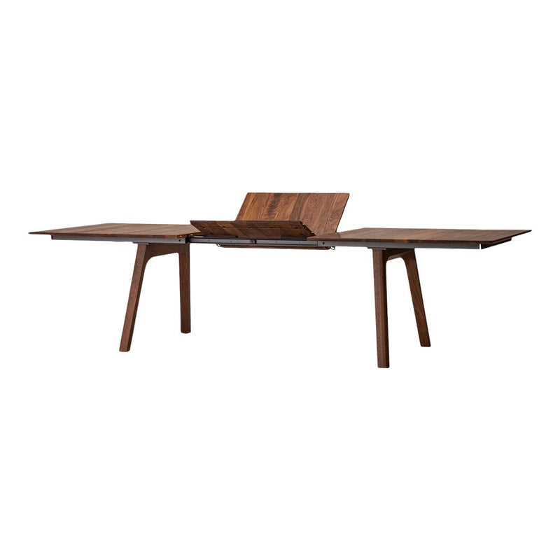 Brown wood dining table with natural grain patterns and sleek design. Features expandable sides for versatile use.