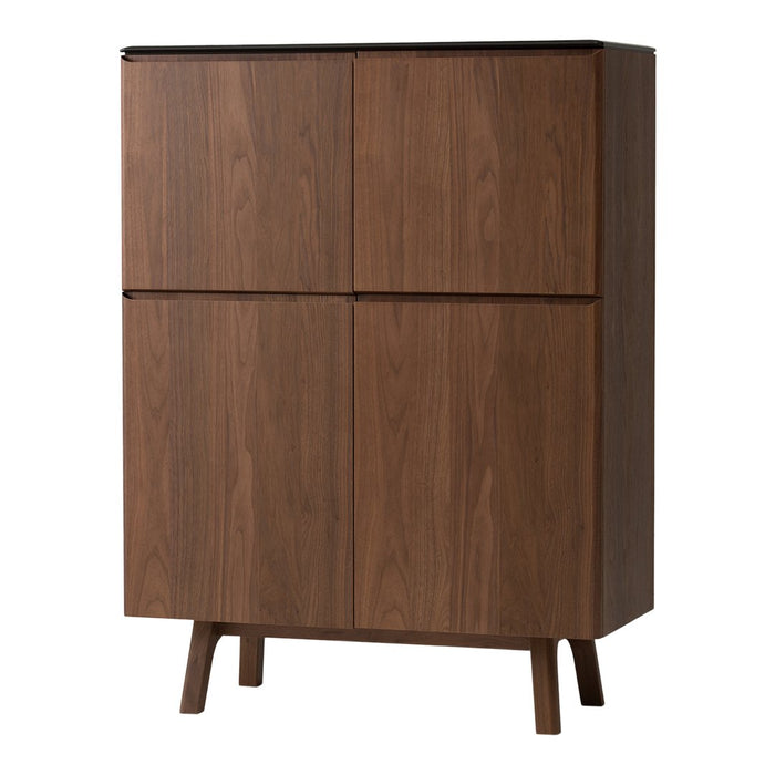 Wooden cabinet in rich brown finish with smooth lines and minimalist design, featuring four flat-panel doors.