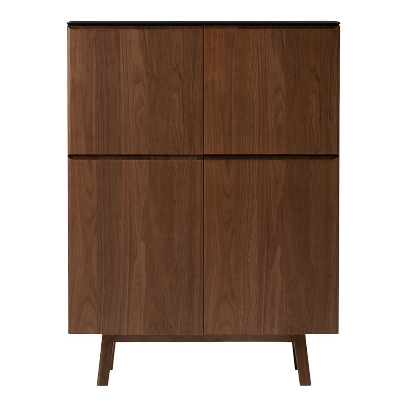 Wooden cabinet in rich walnut finish with sleek, minimalist design and horizontal patterns. Modern home furniture.