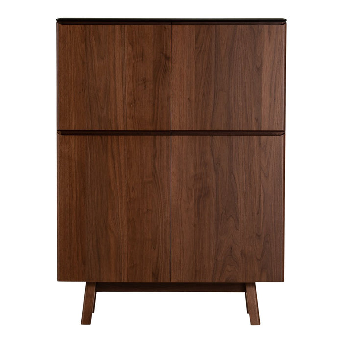 Walnut wood cabinet with a smooth, natural finish and minimalist design, featuring four flat panel doors.