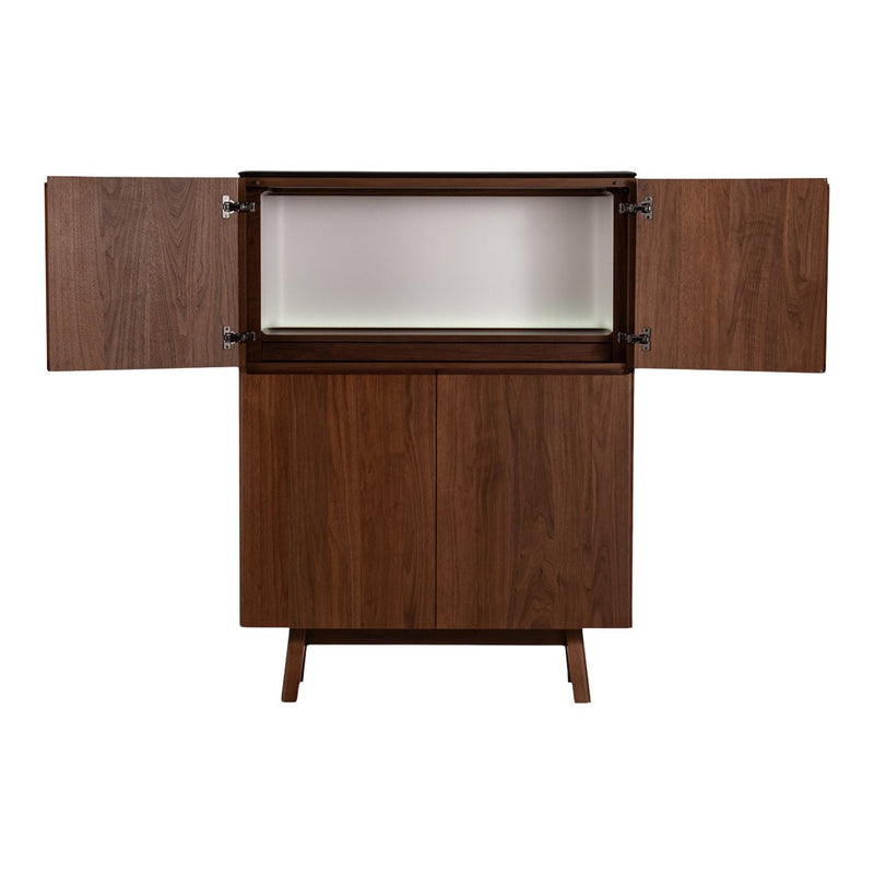 Dark walnut wood cabinet with a sleek design, featuring a smooth, white interior and minimalist lines.