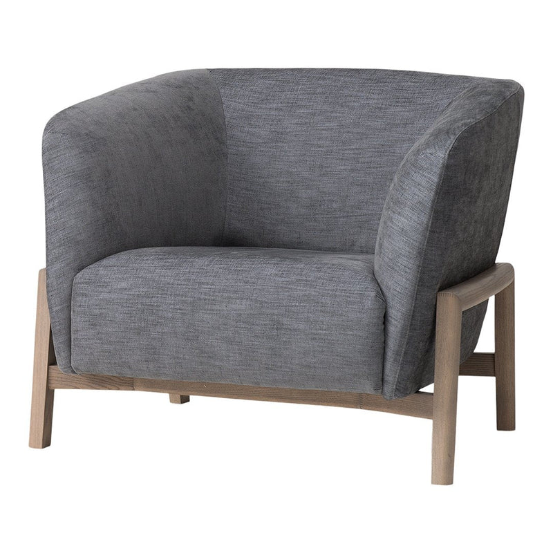Gray upholstered armchair with a textured pattern and light wooden legs, perfect for modern decor.