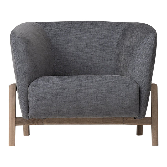 "Modern gray upholstered armchair with a textured fabric and natural wooden legs for a stylish touch."