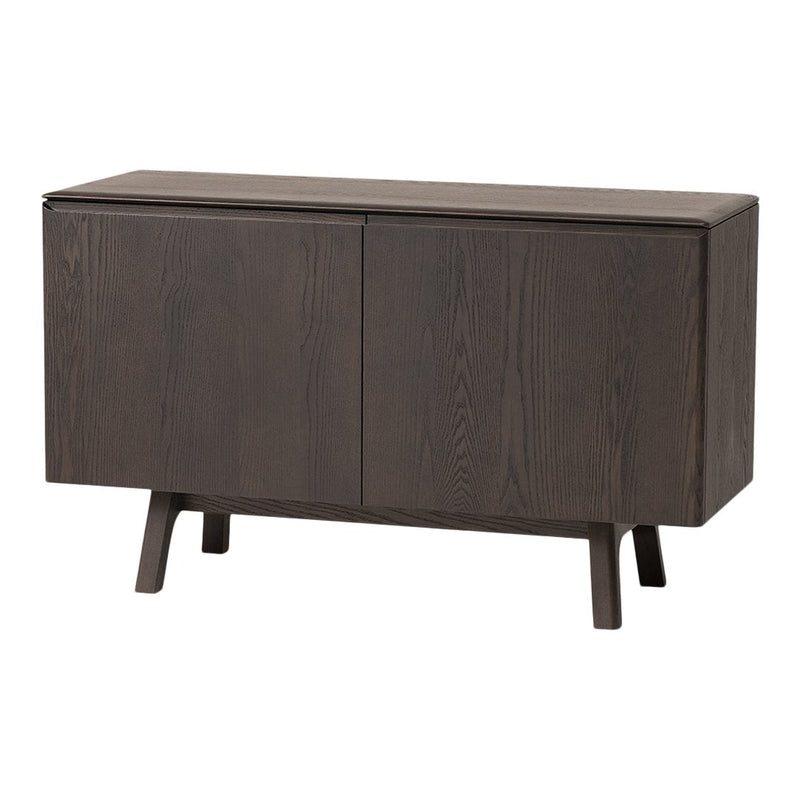 Dark wood cabinet with smooth finish and minimalist design, featuring a clean, modern style. Perfect for contemporary decor.