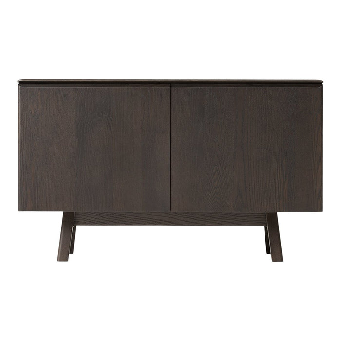 Dark wood sideboard with a smooth finish and clean lines, featuring a minimalist design and no visible patterns.