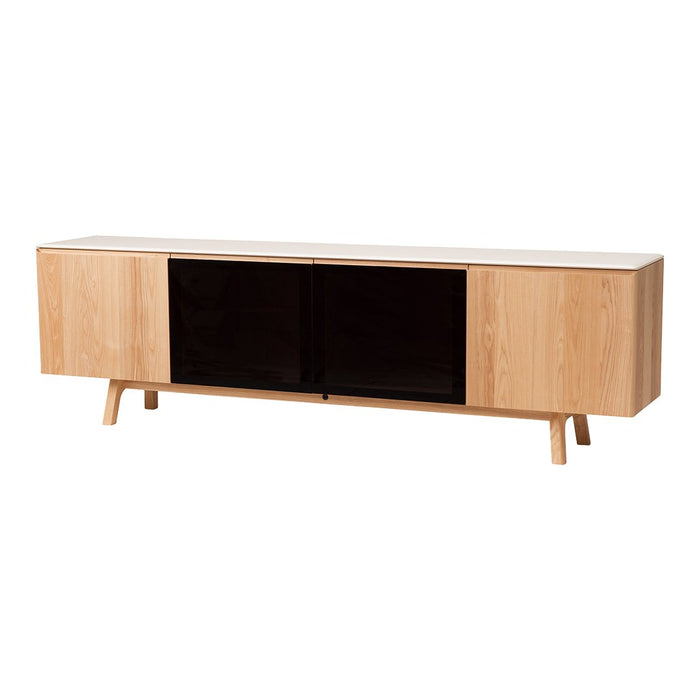 Natural wood TV cabinet with a light wooden finish and sleek black glass doors, featuring minimalist design and clean lines.