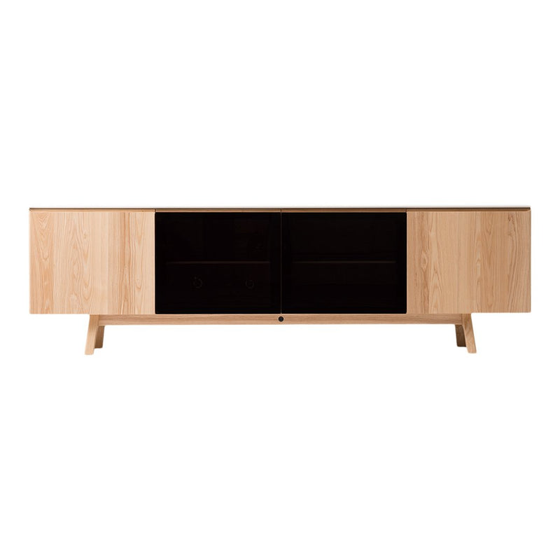 Natural wood finish with light oak doors and sleek black accents. Modern design for a stylish, minimalistic look.