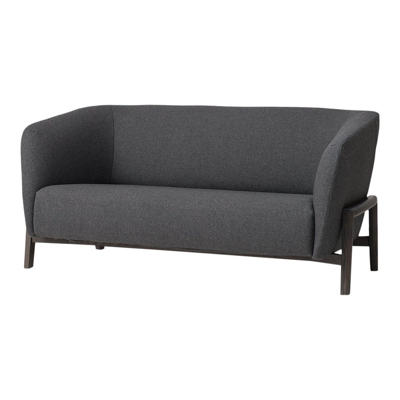Dark gray upholstered sofa with smooth, minimalist design and sleek wooden legs. Perfect for modern interiors.