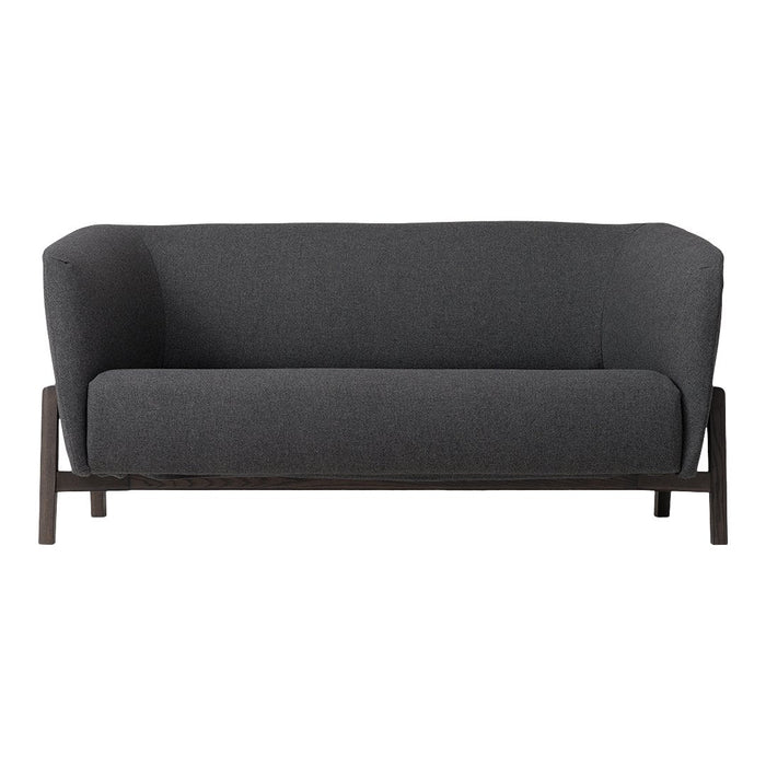 Gray upholstered sofa with a smooth, minimalist design and dark wood frame. Perfect for modern interiors.