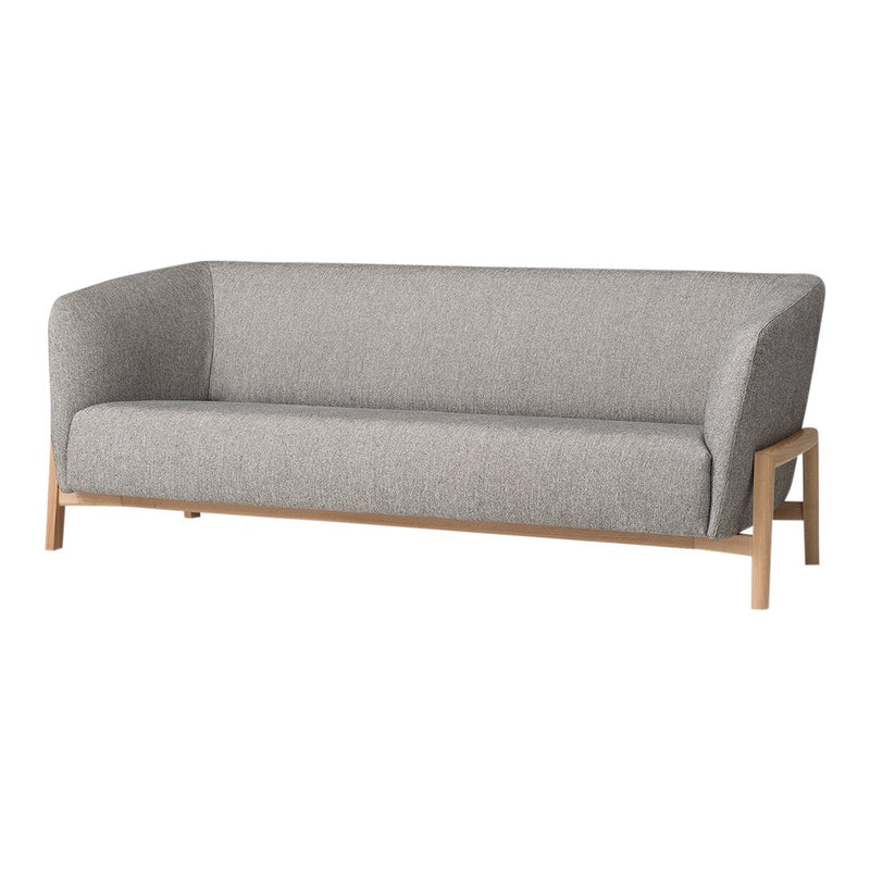 Gray fabric sofa with a minimalist design and light wooden legs, perfect for modern home décor.