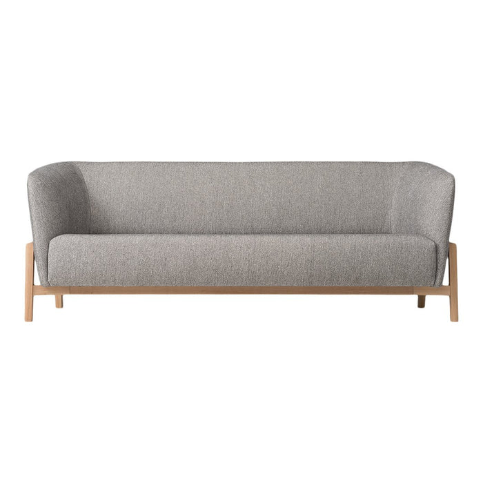 Gray upholstered sofa with minimalist design and natural wood frame. Ideal for modern decor.