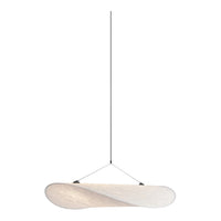 Sleek white pendant light with a modern twisted design, featuring a smooth, minimalist aesthetic.