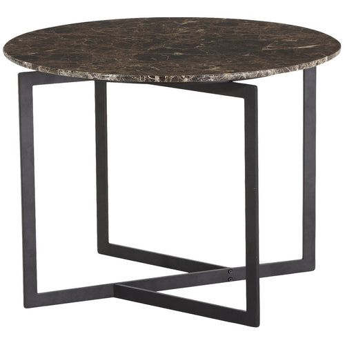 Round black marble top side table with a sleek geometric black metal base. Elegant and modern design.