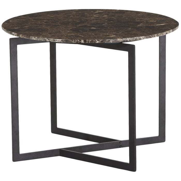 Round black marble top side table with a sleek geometric black metal base. Elegant and modern design.