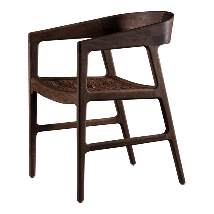 Dark brown wooden chair with a smooth finish and woven seat detail, featuring a minimalist design.