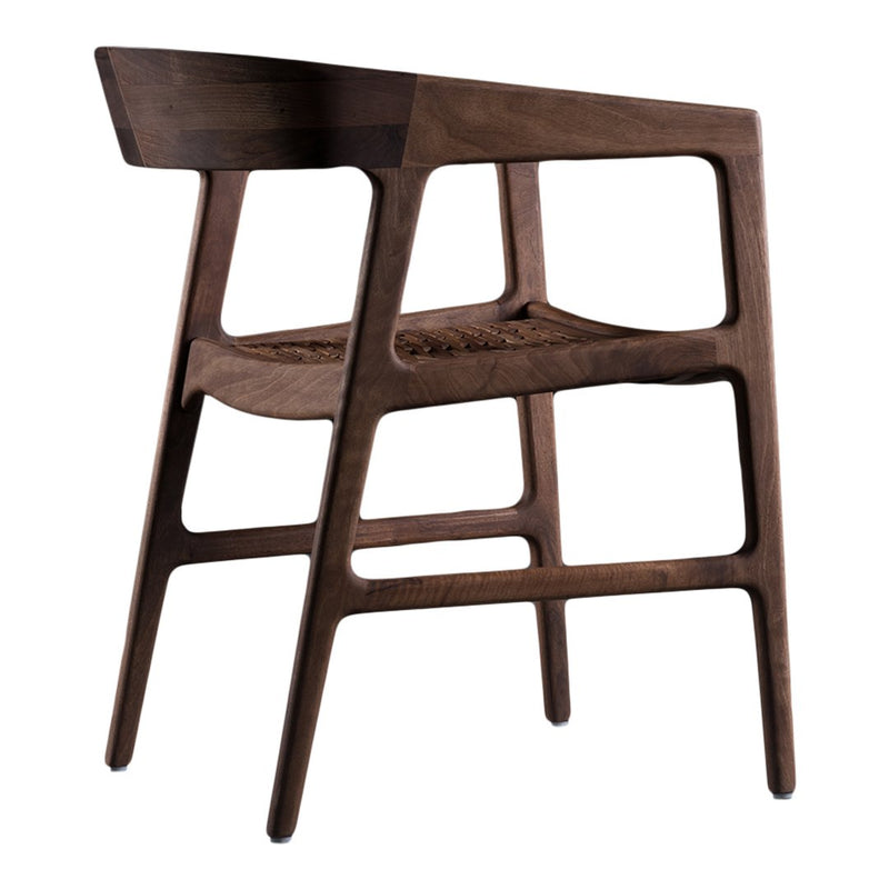 "Brown wooden chair with a woven seat, featuring a sleek, modern design and minimalistic pattern."