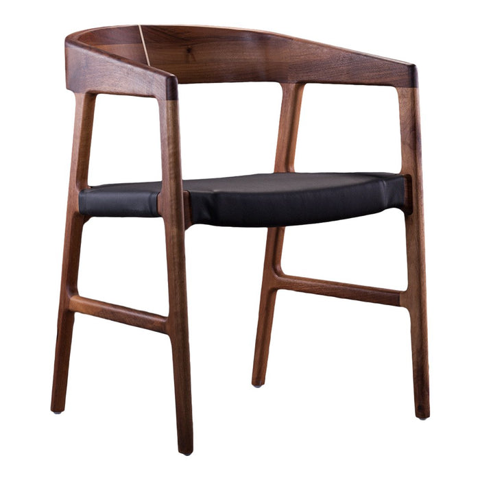 Wooden chair in rich walnut finish with sleek black cushion, featuring a minimalist, modern design.