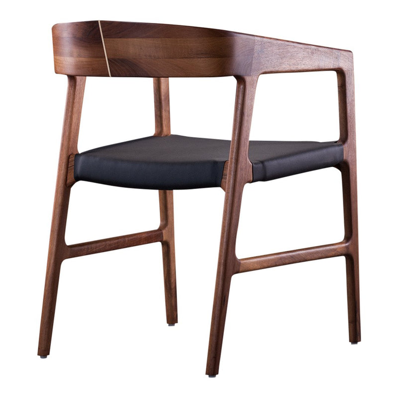 Stylish wooden chair with a rich walnut finish and a sleek black cushion. Modern design with clean lines.