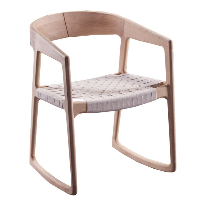 Light natural wood chair with a woven beige seat and minimalist design, set against a dark background.