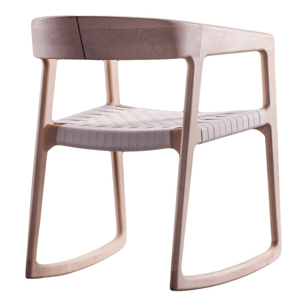 Light wood frame with a smooth, minimalist design; white, textured seat with subtle vertical patterns.