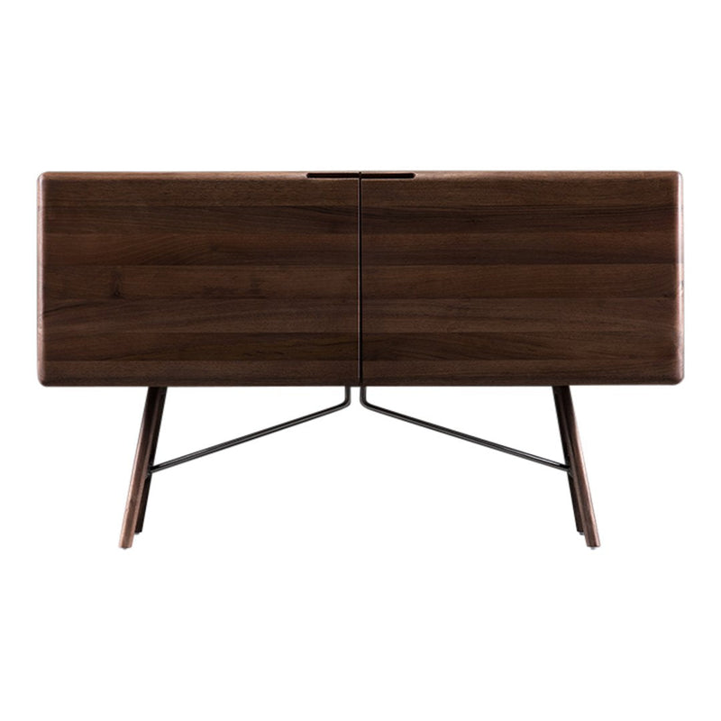 Modern walnut sideboard with a sleek, dark wood finish and geometric black metal legs. Stylish and contemporary design.