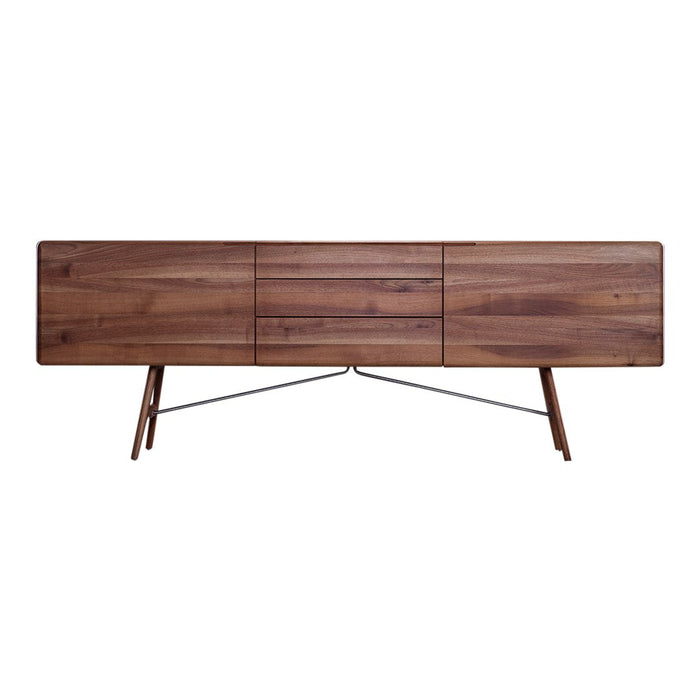 Walnut wooden sideboard with a smooth finish and sleek metal legs, showcasing warm brown tones and minimalistic design.