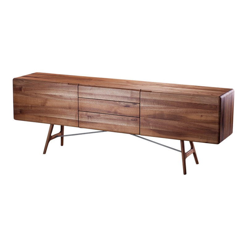 Sleek walnut wood sideboard featuring a smooth finish and minimalist design with subtle grain patterns.
